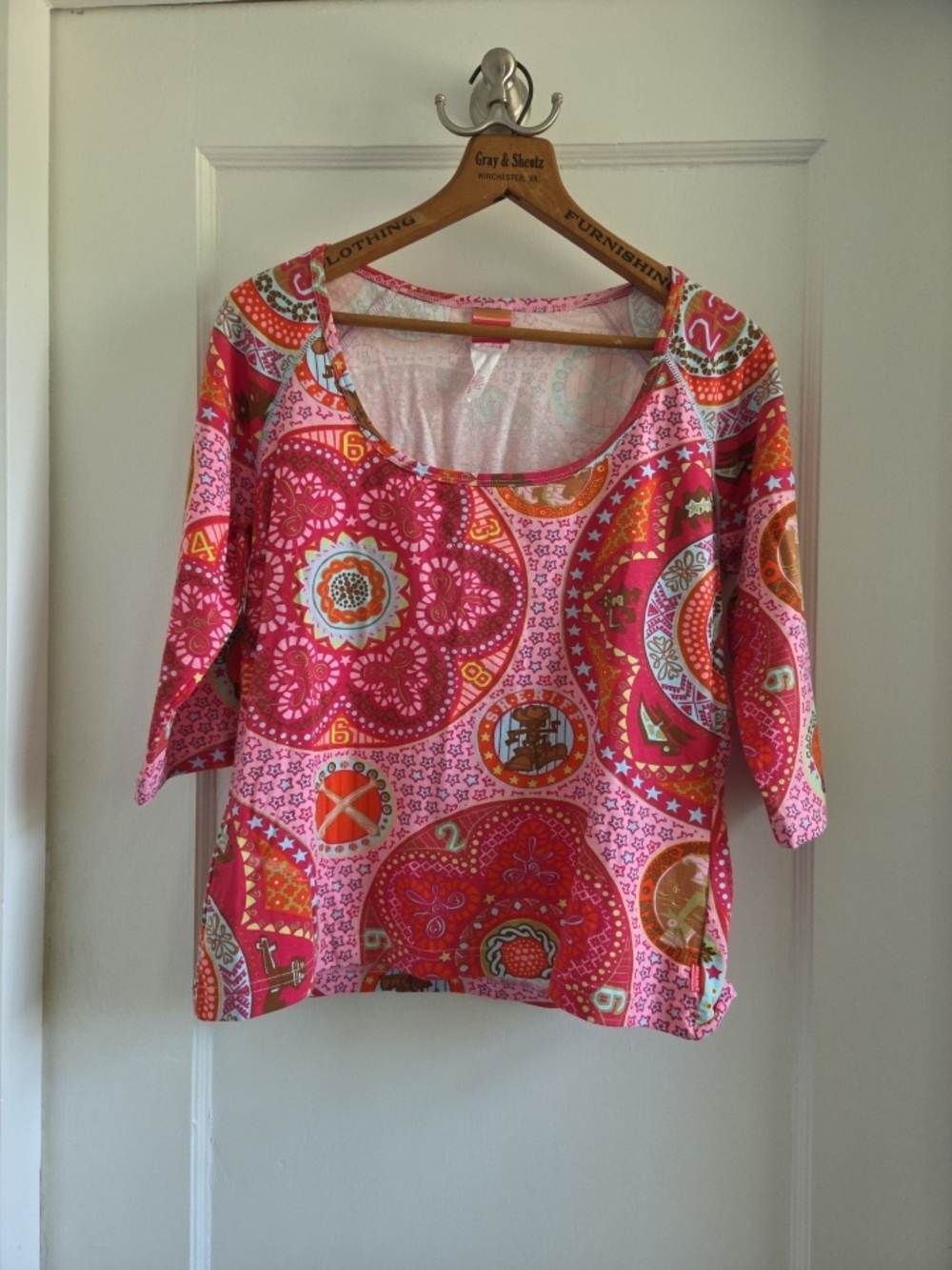 Oilily Women’s Cotton Blend 3/4 Sleeve Top Pink Patterned Scoop Neck Women’s Top